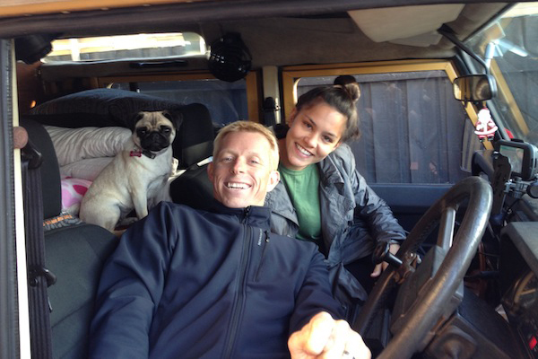 Ben Southall with wife Sophee and Chaos the pug