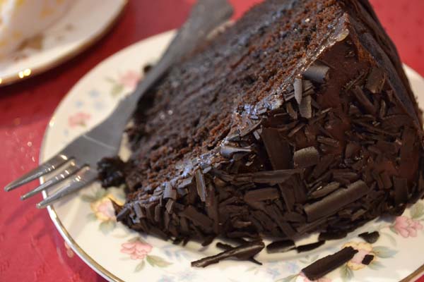 Dark chocolate layered fudge cake in Scotland
