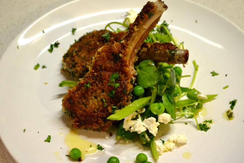 crumbed cutlets with green pea salad