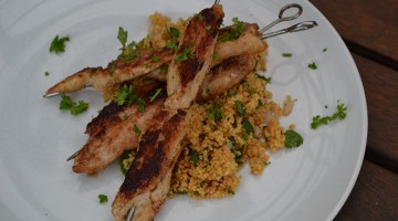 chicken skewers and cous cous salad